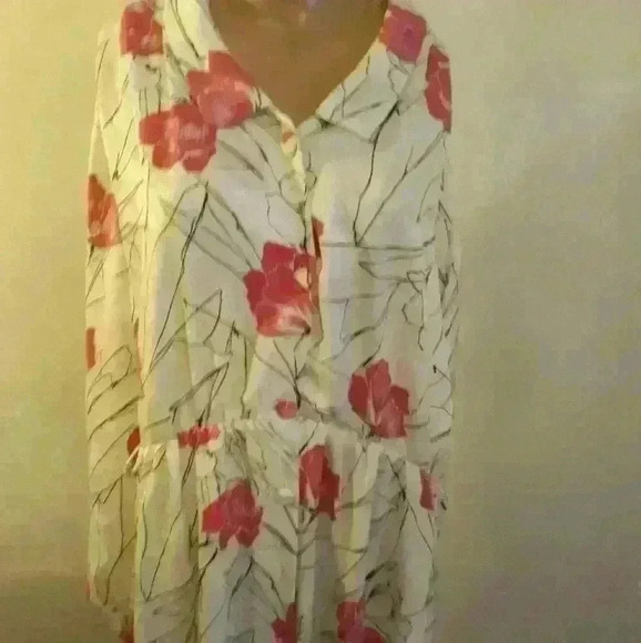 Bohemian floral print gathered waist collar summer flared long sleeve dress M - Picture 2 of 6